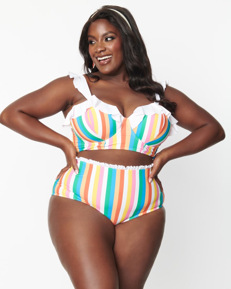 Front of a model wearing a size 4X Unique Vintage Rainbow Striped Southampton Swim Top in Rainbow, Striped by Unique Vintage. | dia_product_style_image_id:288360
